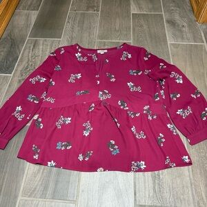 LOFT Outlet Burgundy Floral Peplum Blouse Women’s Medium Long Sleeve V-Neck